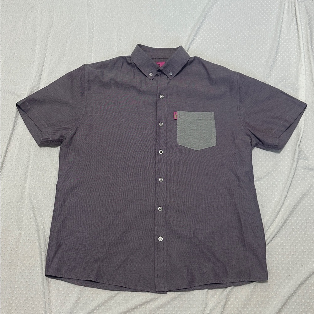 ANIMAL TROPIKAL  Classic Fit Button Down Short Sleeve Shirt Purple Grey XL